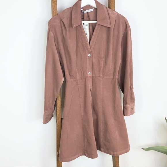 Zara pink/brown corduroy button up mini dress size XS NWT - Picture 2 of 11